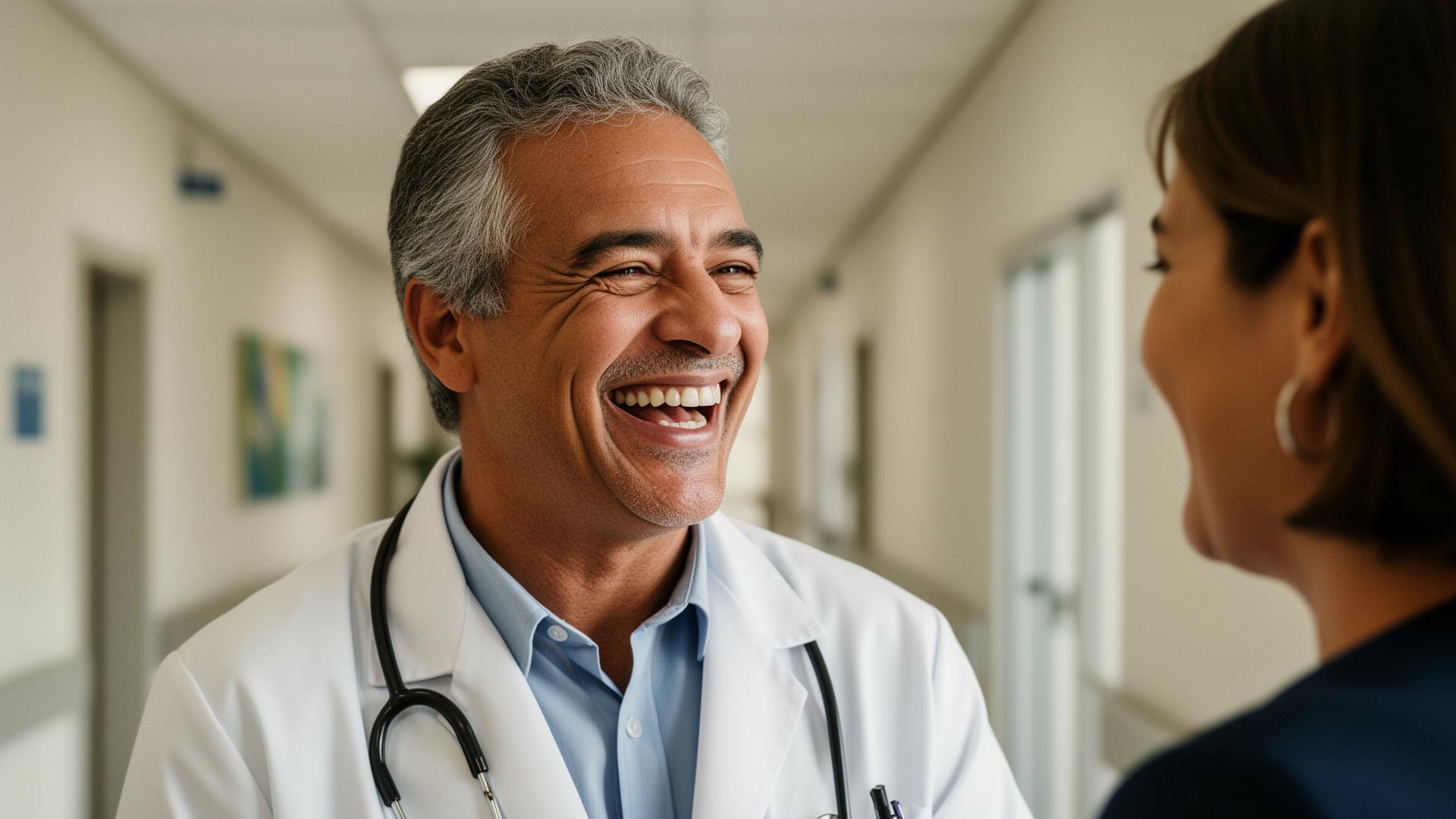 Médico sorrindo com colega